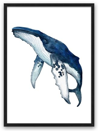 Din A4 Kunstdruck ohne Rahmen - Blauer Buckelwal - Wal Meer Badezimmer Aquarell Maritim - Druck Poster Bild
