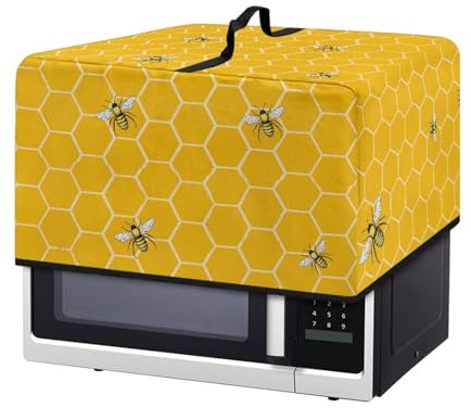 Fiqyvagox Honeycomb Bee Print Yellow Microwave Oven Dust Cover, Canvas Fabric Cloth Protector Decorative Kitchen Appliance, Anti-Oil-Staining Breathable Dust Proof Cover, L