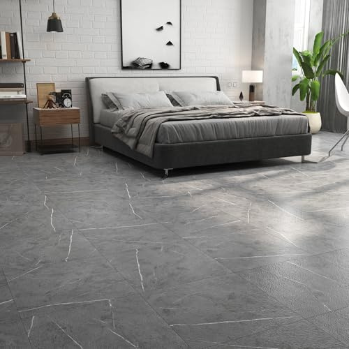 ReWallpaper 30 Pezzi Grigio Piastrelle Adesive Cucina Pavimento Finto Marmo 30cmx30cm PVC Adesivo per Pavimenti Camera Da Letto Soggiorno Autoadesivo Linoleum Pavimento Effetto Marmo Spesso
