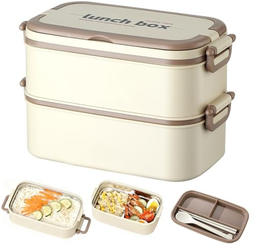 Tangger Lunch Box 1600ML,Acciaio Kit 2 Strati Porta Pranzo con 3 Scomparti e Posate Microonde e Lavastoviglie, per Adulti, Bambini, Ufficio