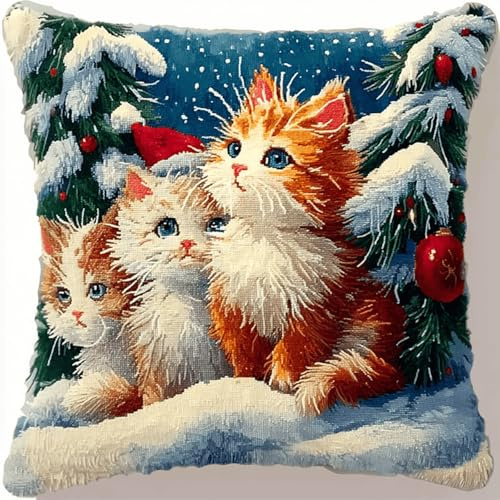 XDEGHUANGSS Kit Créatif Coussins et Tapis au Crochet Avec Motif Pré Imprimé,Kit Coussin Au Point Noué,Loquet Crochet Complet Housse De Coussin,Fait Main,43x43cm(Chat de Noël)