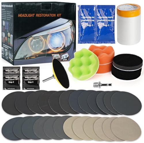 LURICO Juego de 38 piezas de preparación de faros delanteros para restaurar faros descoloridos con protección UV, pasta de pulido, adaptador y 24 discos abrasivos