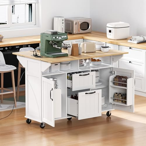Ligterra Isola mobile da cucina, carrello da cucina, tavolo da pranzo allungabile, armadio da buffet, armadio da cucina con ruote e scomparto per riporre i rifiuti, portasciugamani e ciabatte, 120 x