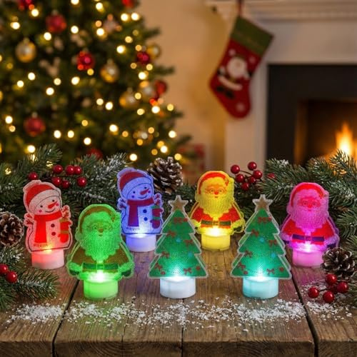 MIJOMA Juego de 9 velas de té LED con cambio de color, con Papá Noel, muñeco de nieve, árbol de Navidad, funciona con pilas, decoración navideña aprox. 6 x 11 cm