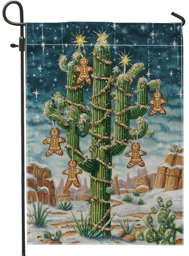 Bandiera da giardino con cactus, fantasioso omino di pan di zenzero, stelle di Natale, in iuta verde, su entrambi i lati, decorative per esterni, patio, prato, portico, ingresso, campeggio, 30,5 x
