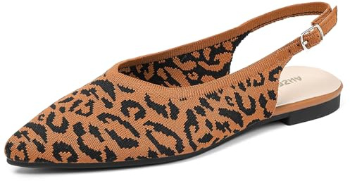 AHZEHRSE Slingback Ballet Flats for Women Pointed Toe Adjustable Buckle Strap Flats Comfortable Dressy Flats for Work & Party Knit Slip On Shoes Leopard