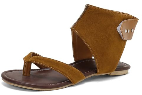 Dam denim gladiatorsandaler, platt stringtå ankel wrap casual klänning sandaler vik över stil sommarskor för stadsvandring och semesterkläder, Brun, 42 EU