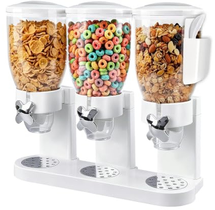 Pannadayee Cereal Dispenser 2L, Dreifacher Müsli Verteiler für die Arbeitsplatte,mit 2 Aufbewahrungsboxen 6 Etiketten & 2 Löffel für Müsli Reis Körner Süßigkeiten Kaffeebohnen