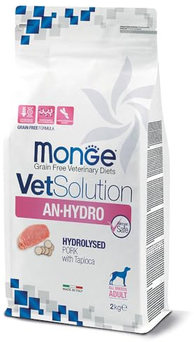 Monge VetSolution Cane AN-HYDRO Alimento dietetico completo per cani adulti, con maiale idrolizzato, grain free, single protein, con probiotico vivo e XOS (2kg)