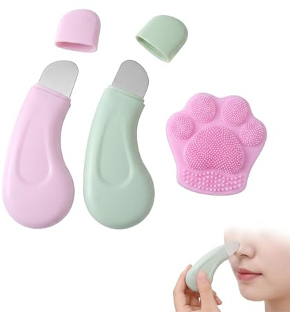 Lot de 2 Spatules Tire Comedon et 1 Brosse Nettoyante Visage Silicone, Extracteur de Point Noir Professionnel pour Nez et Visage, Outil de Nettoyage des Pores Profond, Vert et Rose