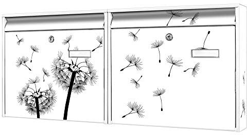 banjado Briefkastenanlage 2 Fach - 2 Briefkästen 72x32x10cm groß - Doppelbriefkasten Set - Namensschild, 2 Schlüssel, Montagematerial - Stahl verzinkt weiß - Motiv Pusteblume 2