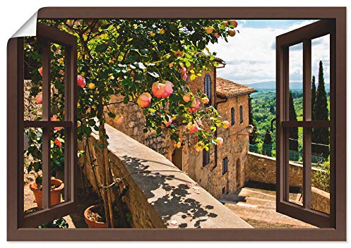 ARTLAND Wanddeko Poster & Kunstdrucke Wandposter Fensterblick Fenster Toskana Landschaft Garten Rosen Balkon Natur T5QB