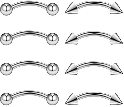 Ruifan 4PRS Eyebrow Piercing Jewelry Curved Barbell with Ball/Spike Kit Eyebrow Tragus Lip Ring 16g 16 gauge 8mm (Steel)
