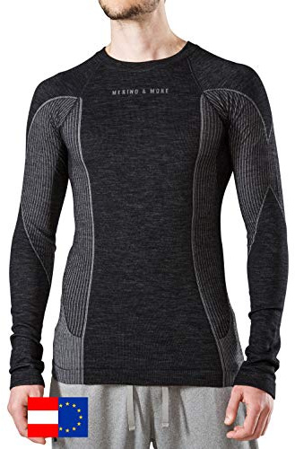 Merino & More Merino Shirt Herren Langarm - Funktionsunterwäsche Merinowolle T-Shirt lang, Schwarz-grau