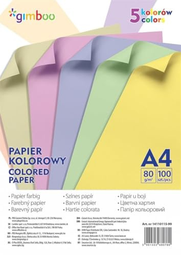 Papier kolorowy Gimboo A4 5 kolorów 100 sztuk