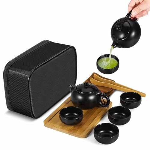 Flexzion Chinese Tea Set Traditional - Portable Travel Ceramic Japanese Tea Set - Vintage Kungfu Porcelain Gongfu Tea Set with Portable Bag for Travel, Home, Outdoor and Office (Matte Black)