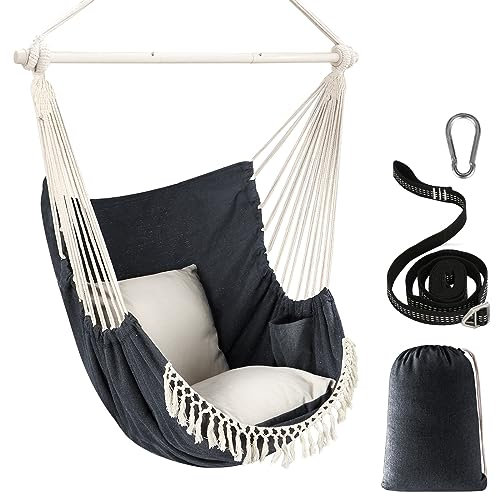 Chihee Hängesessel Hängeschaukel Maximal 500 Pfund Inklusive 2 Kissen Stahl Spreizstange mit Metall Tragbarer Hängesessel Seitentasche Großer Macrame Bohemian Stuhl Innen Außen