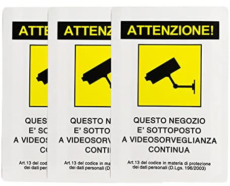 Cartello Attenzione Area Videosorvegliata per Ragioni di Sicurezza, per Locali e Proprietà Privata, Segnaletica con Nastro Adesivo 20 x 30cm, 3 Pezzi