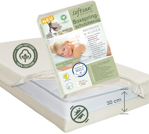 Softsan Boxspring Matratzen Encasing aus Bio Baumwolle | bis 30 cm Höhe | Anti Milben Schutzbezug | Weltneuheit | Viele Größen (90 x 200 x 30 cm)
