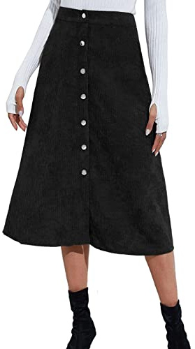 Faldas de Pana para Mujer Falda Larga de Pana Cintura Alta Corte en a Estrecho Falda de Invierno Falda Midi Informal Falda Midi Falda de Ocio Falda de Mujer Falda de Fiesta con Tapeta de(m-Negro)