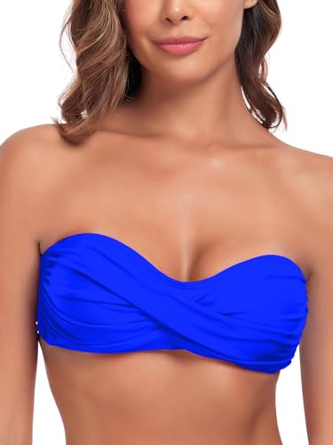 Colloyes Women's Bandeau Bikini Top Strapless Tie Back Bathing Suit Top, Royal Blue, Medium