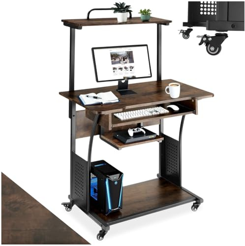 tectake® Bureau sur roulettes avec étagères et tiroir à Clavier, 80 x 65,5 x 130,5 cm, Table de Bureau, Bureaux Ordinateur Meuble pc Table de Travail Meuble Ordinateur Desk Teletravail, Bois foncé