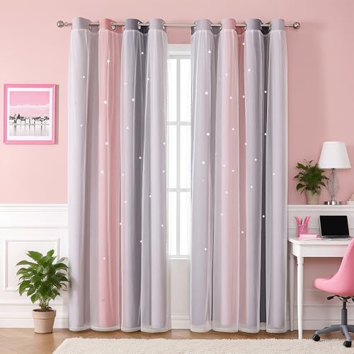 Freyamy Gardinen Rosa Grau Glänzend Sterne Vorhänge Blickdicht Kinderzimmer Halbtransparent H 200 X B 100cm Ösenvorhang 2er Set Mädchen Kindervorhänge Gardinen Verdunkelungsvorhang Wohnzimmer