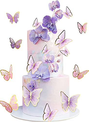 ZHIHUI 30Pcs Butterfly Cake Topper, Colourful Butterfly Cake Decorations Cupcake Toppers, Gold Edge Mixed Size Butterfly Cupcake Picks for Family Cupcake Wedding Cake Birthday Party Food Decoration
