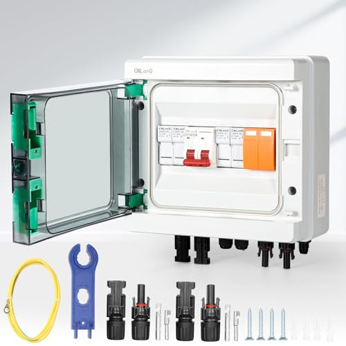BuyWeek Solar PV Anschlusskasten DC500V Überspannungsschutz Anlage DC Trennschalter 32A Blitzschutz Leitungsschutzschalter, 2 String IP65 Wasserdicht für Photovoltaik Anlage (2 in 1 Out)