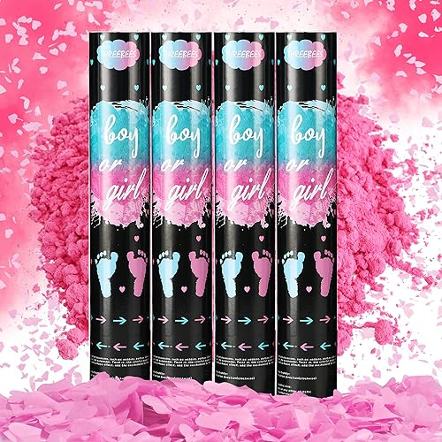 Threebees Paquete de 4 cañones de confeti de revelación de género, papel de confeti rosa biodegradable, lanzadores de 16 a 26 pies, lanzador de confeti para revelación de género de niño o niña