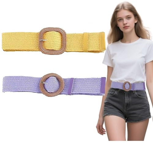Eterspr 2 Stück Elastische Stretch-Taillengürtel für Damen, Stroh Gewebter Gürtel, Damen Geflochtener Taillengürtel, für einen Urlaub mit einem Strandkleid