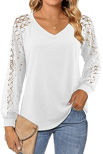 Beluring Womens Long Sleeve T Shirts Casual V Neck T Shirt Soft Basic Tunic Tops White Size 8 10