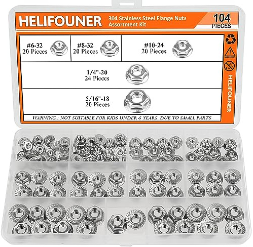 HELIFOUNER 104 Pieces 5 Sizes Flange Nuts, Serrated Flange Hex Lock Nuts Assortment Kit, 304 Stainless Steel (#6-32#8-32#10-24 1/4-20 5/16-18)