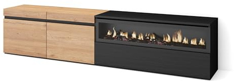 Skraut Home | TV-Schrank, Lowboard | für Wohnzimmer und Esszimmer | 200x45x35cm | Für TV-Geräte bis zu 80 | Elektrokamin. Maße | Moderner Stil | Eiche Schwarz