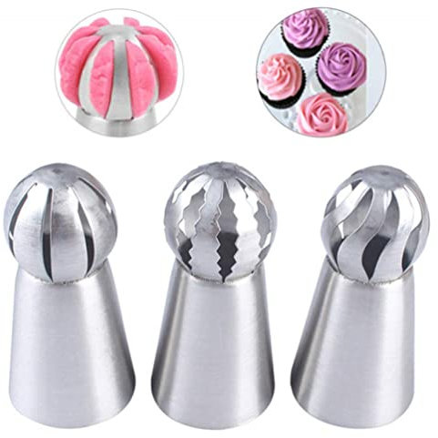 SteelPastry Nozzles Piping Nozzle 3 Pcs Torch Russian Flower Icing Piping Nozzle Tips Sphere Ball Cake Decoration Kitchen Pastry Cupcake Cake Decorating Tips