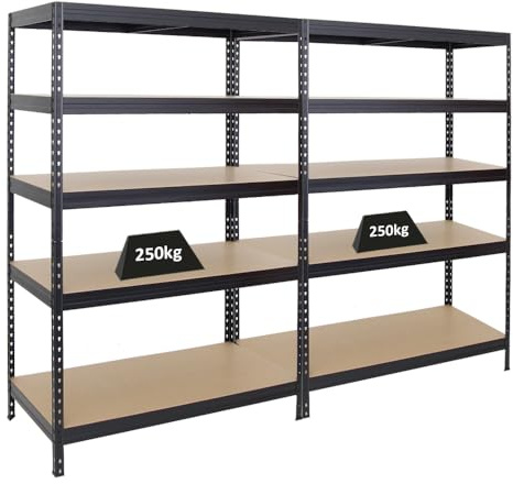 PROREGAL Mega Deal 2er-Set Schwerlastregal Rivet | HxBxT 180x120x60cm | Fachlast 250kg | Schwarz | Innovatives Stecksystem, Verzinkt, Garagenregal, Lagerregal, Kellerregal