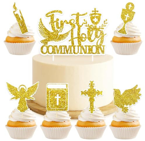 13pcs First Holy Communion Cake Topper Cross Gold Paper Cupcake Toppers Pattern Candle Bible Dessert Picks Cake Decoration for Communion Christening Baptism Baby Shower Birthday Party Wedding