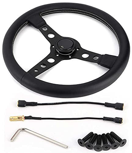 Drifting Steering Wheel,Sportlenkrad 350 mm Rennwagenlenkrad 6-Loch schwarzes Leder graue Nähte mit Hupenknopf Zubehör