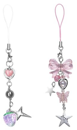 Nayyana 2 Stück Handy-Anhänger, ästhetische Y2K-Handy-Anhänger, Riemen, Schmetterling, Stern, Handy-Anhänger, Y2K-Zubehör für Schlüsselanhänger, Handytasche, Kamera-Anhänger, Rosa