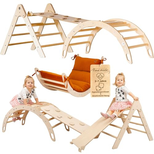 WoodsCraft 3in1 Set: Kletterdreieck, Kletterbogen & Rutsche/Kletterrampe | mit hypoallergen Kissen für Kletterbogen, holz Montessori Klettergerüst indoor, Babyrutsche, Klettern Baby & Kinder