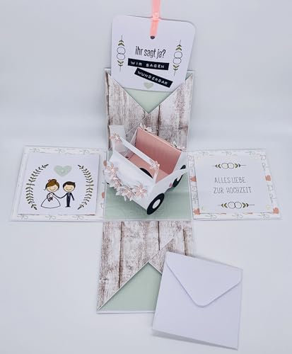 Geschenkbox/Explosionsbox zur Hochzeit, Geldgeschenk, Hochzeitsgeschenk (Hochzeitsauto), Mint, Herzen&Ringe