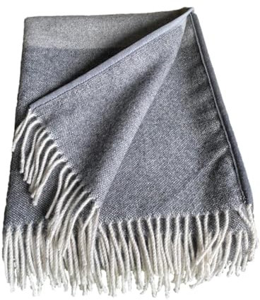 Alpenwolle Wolldecke 140x200cm Neuseeland 100% Wolle aus Neuseeland, Überwurf Plaid mit Fransen (grau mit Band)