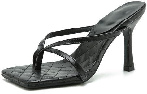 Proptmina Women's Strappy Thong Heeled Sandals Slip On Stiletto Heels Flip Flops Square Open Toe T Strap High Heel Sandals Slide Summer Dressy Sandals (Black,8)
