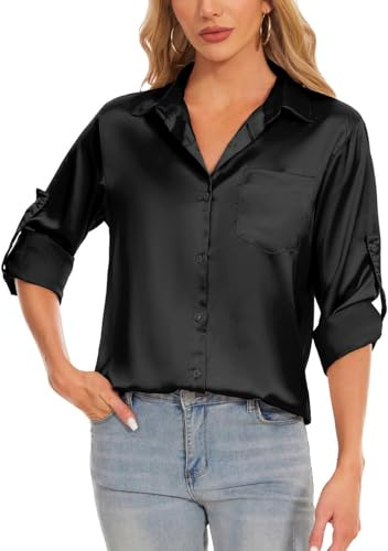 Atxnn Camicia Donna Elegante Top a Manica 3/4 Blusa in Raso di Seta Camicetta Primavera da Lavoro Lunga con Scollo a V
