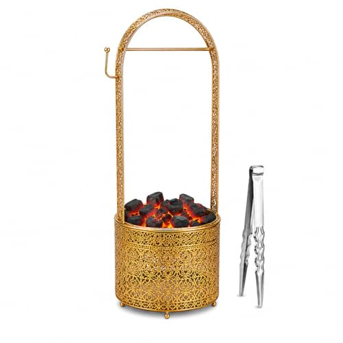 Bayli Shisha Kohlekorb XL 52,5 cm inkl. Kohlezange – Kohlebehälter Gold mit Zangenhalter für Shisha & Wasserpfeife – Charcoal Basket für Transport und Ablage glühender Kohle