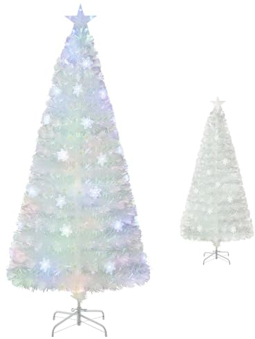 KOMFOTTEU Künstlicher Weihnachtsbaum mit Bunte Beleuchtung, Tannenbaum Christbaum Weiß mit Schneeflocken/LED Sternspitze, Christmas Tree faltbar für Zuhause Büro Geschäfte (180 cm)