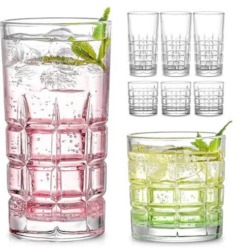 Gikisla Bulk Drinking Glasses Set of 6, 15 oz Large Highball Water Glasses & 11 oz Cocktail Glasses Set, Kitchen Water Glasses Cup, Bar Tumbler Glassware Set for Christmas Parties, Whiskey, Juice