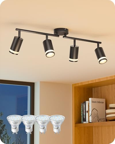 EDISHINE Deckenstrahler 4 Flammig Schwarz, LED Deckenleuchte GU10 Schwenkbar 340°, inkl. 4 x 4W GU10 Lampen (3000K), Moderne Deckenspots für Wohnzimmer, Schlafzimmer, Küche, Flur