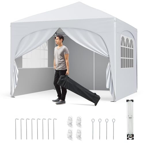 COSTWAY Carpa Plegable 3x3m, Pop-up, 4 Paredes Laterales Removibles, Cenador para Jardin, Bolsa con Ruedas, Altura Ajustable, Pergola Pabellón Gazebo Plegable Jardin Fiesta Exterior (Blanco)