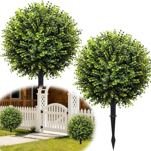 2PCS Künstliche Buchsbaumkugel Aussen Kunstpflanze mit Erdspieß, 60cm Runde Fake Plant Outdoor Immergrüne Buchsbaum Künstliche Pflanzen für Wohnzimmer Büro Haustür Deko